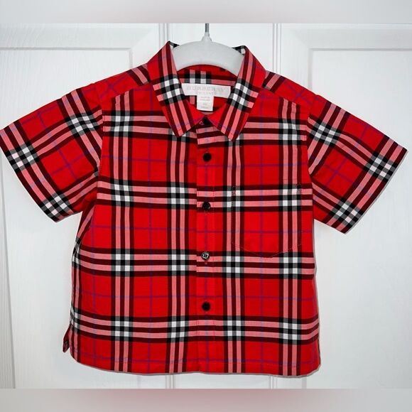 BURBERRY BABY CHECK RED BUTTON SHORT SLEEVE 6M - Picture 1 of 2